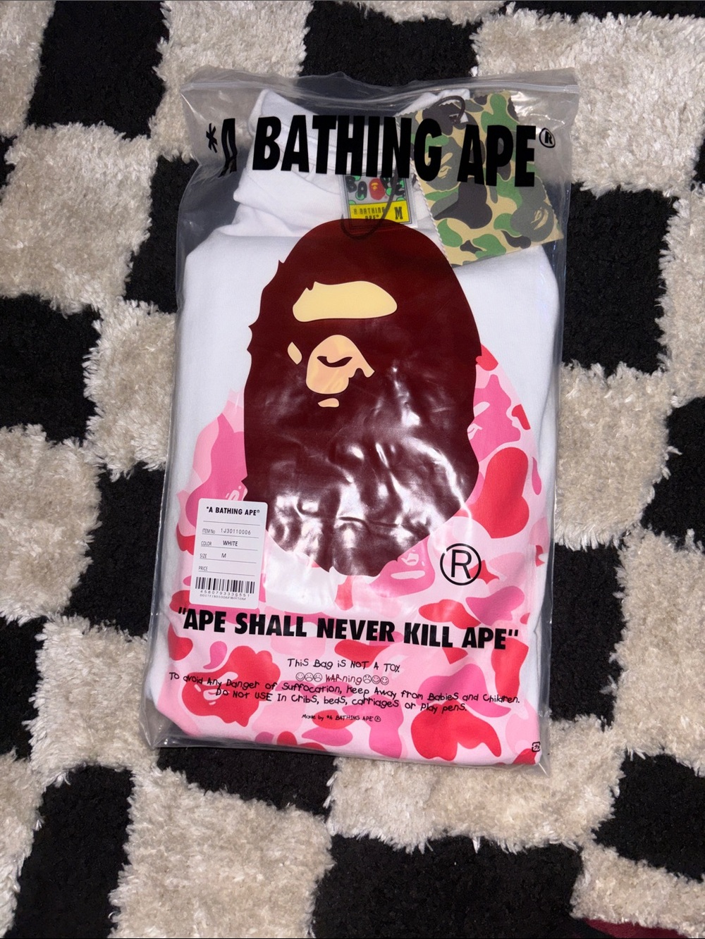 A Bathing Ape Kids' White Short Sleeve Tee with Pink Camo Ape Graphic